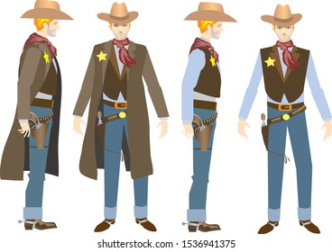 Cowboy Sherif  Standing set, Fromt and side View - Vector