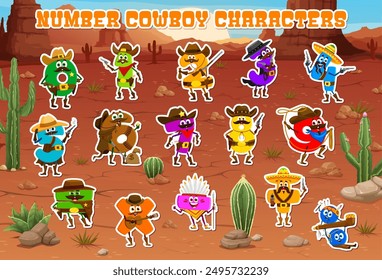 Cowboy, sheriff and bandits stickers pack of cartoon math numbers characters. Fun educational learning patches of digits dressed as wild west personages in a desert landscape with cacti and mountains