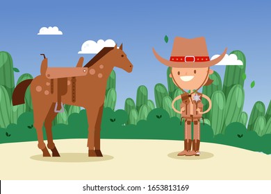 Cowboy sheriff cartoon character with horse, wild west people, vector illustration. Western adventures, smiling boy in cowboy costume. American culture and history, Texas sheriff in wild west cartoon