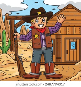 Cowboy Sheriff Colored Cartoon Illustration