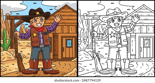 Cowboy Sheriff Coloring Page Colored Illustration