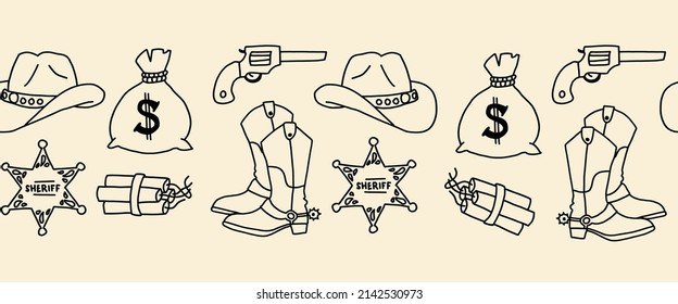 Cowboy Sheriff Wild West seamless vector border. Cowboy boots hat, money, dynamite, sheriff streng horizontal repeating pattern. Wild West design for trim, banner, footer, header, divider, decor.