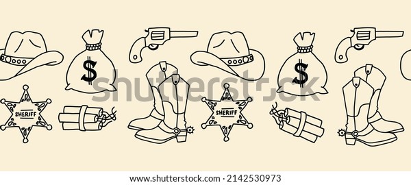 Cowboy Sheriff Wild West seamless vector border.\
Cowboy boots hat, money, dynamite, sheriff streng horizontal\
repeating pattern. Wild West design for trim, banner, footer,\
header, divider, decor.