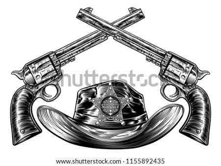 Cowboy sheriffs hat with star badge and a pair of crossed pistols drawn in a vintage retro woodcut etched or engraved style