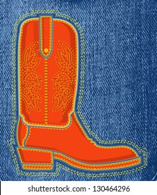 Cowboy shoe on blue jeans texture background.Vector boot symbol