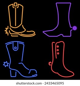 cowboy shoes group of neon icons, vector illustration on black background.