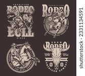 Cowboy show set posters monochrome wild cow skull for rodeo advertising and guys riders with horse or bull vector illustration