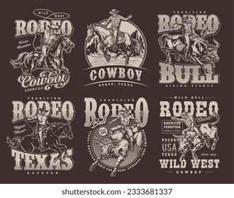 Cowboy show set posters monochrome men riding horses or bulls for sport rodeo promo in wild west style vector illustration