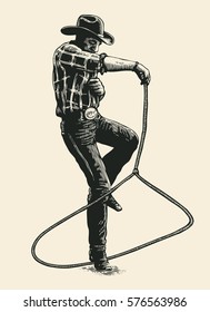 Cowboy Shows Mastery Of The Lasso On Rodeo Show. Hand Drawn Character. Engraving Style. Vector Illustration