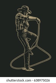 Cowboy Shows Mastery Of The Lasso On Rodeo Show. Hand Drawn Character. Engraving Style. Vector Illustration