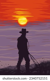 Cowboy silhouette against a blazing sunset. Hand drawn vector illustration