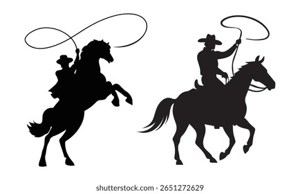 Silhueta de Cowboy com laço de corda na ilustração do vetor de cavalo isolado no fundo branco para projeto ocidental de rodeio. Arquivo eps de ilustração vetorial.