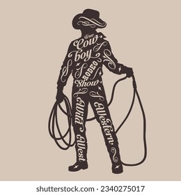 Cowboy silhouette vintage sticker monochrome man in hat holding lasso to participate in rodeo or hunting wild animals vector illustration