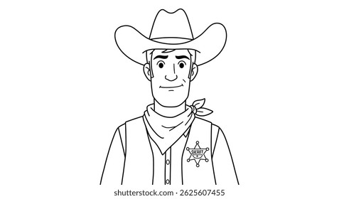 Cowboy Com Simples Sheriff Star Badge Contorno No Vest Western Lawman Tema Stock Coloração Página Para Crianças Justiça Divertida Arte