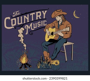 canto de cowboy con ilustración vectorial de guitarra, arte de música country para camiseta, pegatina, afiche, impresión gráfica, dibujo vectorial nocturno del desierto occidental, MyRealHoliday, fiesta de campo