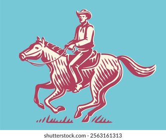 Cowboy sits astride a running horse. Ranch, rodeo, equitation emblem. Hand drawn vector illustration