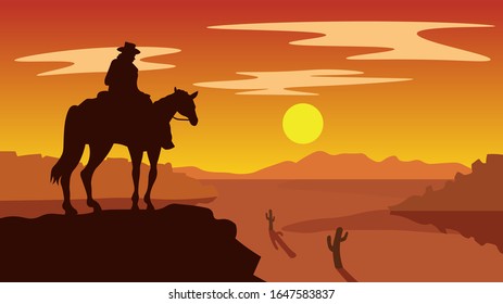 Cowboy sitting on the horse vector illustration. Western concept silhouette.