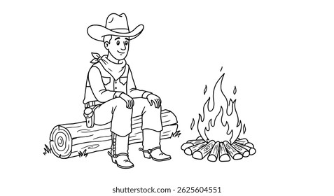 Cowboy Sitting On Log Near Simple Campfire Outline Western Camping Night Scene Stock Coloring Page For Children Art Joy