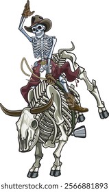 Cowboy Skeleton bull riding on a bucking skeleton bull	