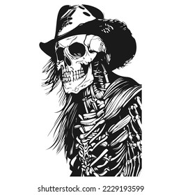 cowboy skeleton in a hat tattoo hand drawn vector black and white clip art