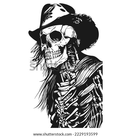 cowboy skeleton in a hat tattoo hand drawn vector black and white clip art