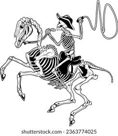 Cowboy skeleton riding a skeleton horse, Vintage cowboy western.