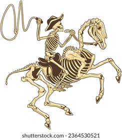 Cowboy skeleton riding a skeleton horse, Vintage cowboy western.