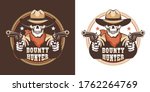 Cowboy skeleton western gunfighter with guns retro badge. Skull with pistols vintage wild west emblem. Vector illustration.