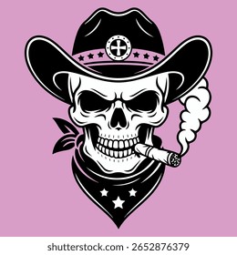 Cowboy Skull with Cigar Western Icon Illustration with Bandana and Smoking