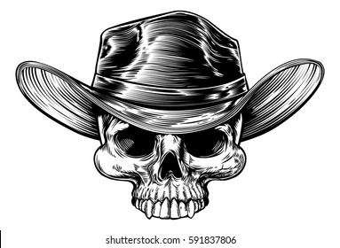 Cowboy skull drawing in a vintage retro woodcut etched or engraved style