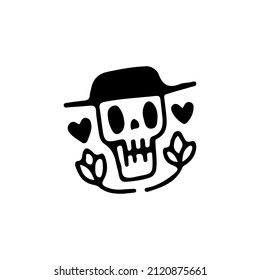 Cowboy skull with flowers and love symbol, illustration for t-shirt, sticker, or apparel merchandise. With retro cartoon style.