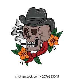 cráneo de vaquero con dibujo a mano, adecuado para camisetas de diseño, afiches, pegatinas, etc.