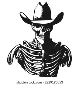 cowboy skull hand drawn vector black and white clip art