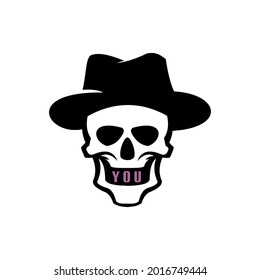 cowboy skull with hat logo, black silhouette of smile face of skull vector illustrations