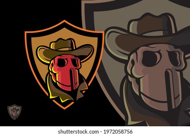 Cowboy skull head mascot logo in shield, suitable for team logos, community logos, icon images, tattoos, t-shirts, symbols, etc.