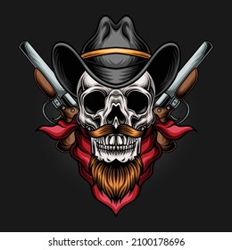 Cowboy Skull Head With Revolver Vector Mascot