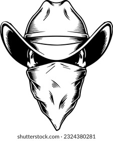 Cowboy Skull, Cowboy Sheriff Bandit, Outlaw Wearing Face Mask Mascot (Editable) - Vector Illustration