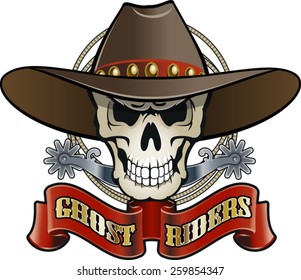 cowboy skull with spurs, lasso and text ghost riders