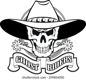 cowboy skull with spurs, lasso and text ghost riders