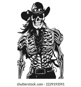 cowboy skull tattoo hand drawn vector black and white clip art