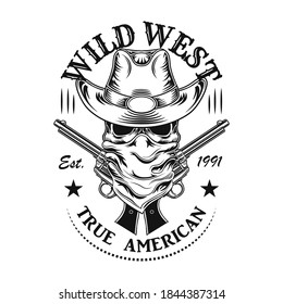 Ilustración vectorial del cráneo de Cowboy. Cabeza de personaje con sombrero y bandana en la cara, cruzó armas y texto. Concepto de estilo de vida para temas del oeste o oeste silvestre, plantillas de emblemas de club o comunidad
