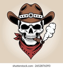 Cowboy Skull Vector Illustration A striking image of a skull wearing a cowboy hat and bandana with a smoking cigar.