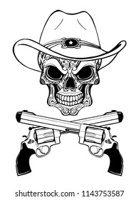 Cowboy skull in a western hat and a pair of crossed guns