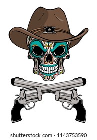 Cowboy skull in a western hat and a pair of crossed guns