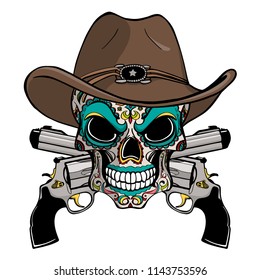 Cowboy skull in a western hat and a pair of crossed guns