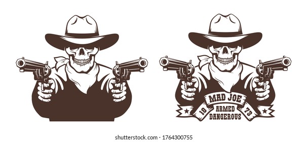 Cowboy Skull Wild West Gunfighter Tattoo. Skeleton Bandit With Guns - Retro Vector Illustration.