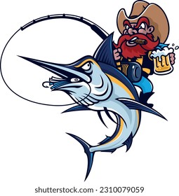 A Cowboy Smoking a Cigar, Holding a Beer Glass, and Fishing a Blue Marlin