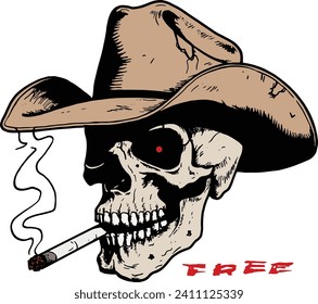 cowboy smoking, smoking, cigarette in mouth, skull smoking, western, cowboy hat svg