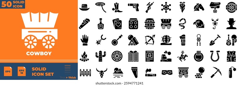 Cowboy Solid Editable Icons set. Vector illustration in modern thin solid style of cowboy icons: hat, west, boot, etc