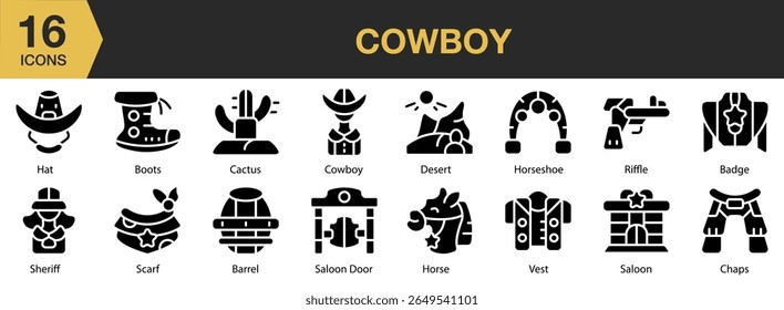 Conjunto de ícone sólido Cowboy. Inclui western, cowboy, rodeio, texas, selvagem e muito mais. Coleção vetorial de ícones sólidos.